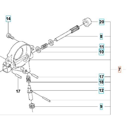 Pompa oleju do pilarki Husqvarna 562XP, 556. Elementy pompy widoczne z boku, w szczegółowym rozkładzie. Części metalowe i plastikowe w różnych kształtach, oznaczone numerami. Tło białe, co ułatwia identyfikację detali.