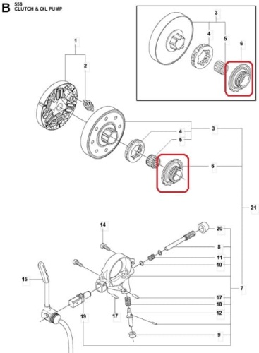 Ślimak pompy oleju do pilarki Husqvarna 556, 562XP/XPG. Element metalowy w kształcie cylindrycznym, z widocznymi rowkami i gwintem. Przedstawiony w zbliżeniu obok innych części, na jasnym tle. Umożliwia prawidłowe smarowanie urządzenia.