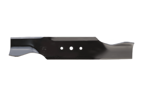 Nóż kosiarki MTD o długości 41,6 cm, wykonany z metalu, w kolorze czarnym. Zbliżenie na ostrze z trzema otworami mocującymi, o prostym kształcie. Widoczny symbol producenta i delikatne detale, tło jednolite.
