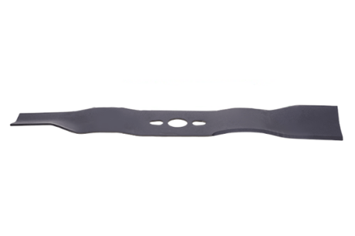 Nóż kosiarki o długości 41,6 cm w kolorze czarnym, wykonany z metalu. Prezentowany w pozycji leżącej, z widocznymi wycięciami ułatwiającymi montaż i pracę. Gładka, matowa powierzchnia. Idealny do zastosowania w kosiarkach Nac, Ryobi i Riwall.