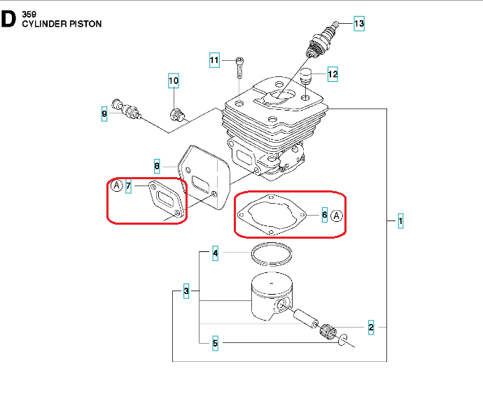 Zestaw uszczelek do pilarki Husqvarna 357XP/359, zawierający dwie uszczelki Montaż 6 i 7. Uszczelki są wykonane z materiału odpornego na wysoką temperaturę, prezentowane na tle schematu montażowego. Widoczne numery identyfikacyjne.