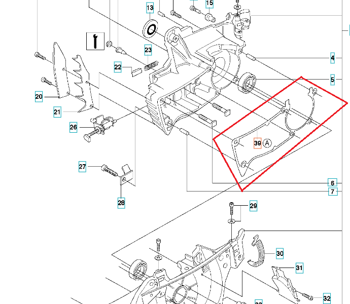 Zestaw uszczelek do pilarki Husqvarna 357XP/359 w formie schematu, prezentujący elementy zestawu w kolorze czarnym. Widoczna uszczelka o kształcie dopasowanym do korpusu silnika, z oznaczeniem 39 A. Zawiera detale montażowe oraz miejsca mocowania.