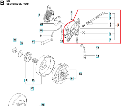Pompa oleju do pilarki Husqvarna 576XP/362/575XP, metalowa, z elementami śrubowymi. Widok z góry, ukazujący detale konstrukcyjne i mocowania. Tło proste, ułatwiające odbiór szczegółów. Wyróżniające się uszczelnienia oraz otwory montażowe.
