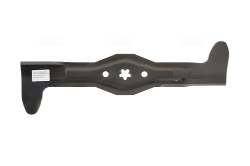 Nóż do traktora Husqvarna, prawy zamiennik o długości 46.4 cm, widoczny w pozycji leżącej. Wykonany z metalu, z gładką, matową powierzchnią. U góry znajduje się sześciokątne mocowanie, a na boku widoczna naklejka z oznaczeniem. Tło białe.