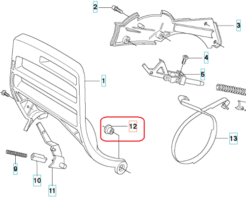Metalowa cylindryczna tuleja dźwigni hamulca do pilarek Husqvarna 362/365/372XP, srebrna, z widocznymi gwintami. Zestaw zawiera inne elementy montażowe. Produkt na białym tle.