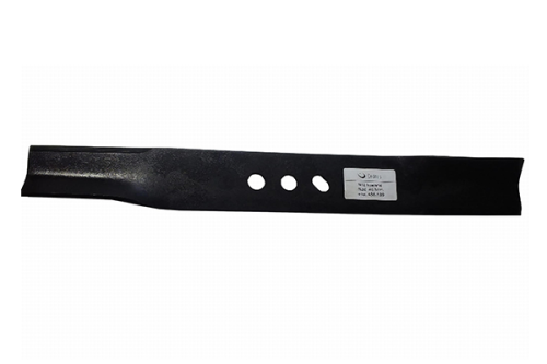 Nóż do kosiarki spalinowej NAC, 45,5 cm, metalowy, z trzema otworami montażowymi, matowy, na białym tle, z logo i etykietą.