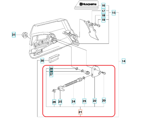 Napinacz łańcucha do pilarki Husqvarna 362XP/365/372XP widoczny w widoku z góry, z oznaczonymi numerami części na białym tle, ułatwiającymi rozpoznanie i montaż.