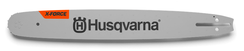 Prowadnica Husqvarna o długości 18 cali, grubości 1,5 mm, 72DL, w kolorze szarym. Ujęcie frontalne, ukazuje logo i oznaczenie „X-FORCE”. Prowadnica ma gładką powierzchnię i otwory montażowe w dolnej części.