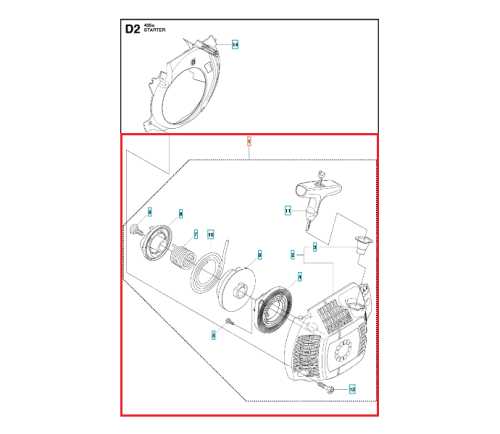 Rozrusznik pilarki Husqvarna 435/440e/435e z góry na białym tle. Widać obudowę, sprężynę, koło zamachowe, uchwyt i mocowania, układane dla łatwej identyfikacji mechanizmu startu.