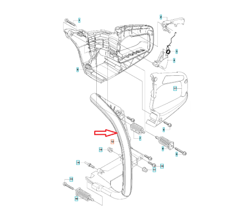 Przedni uchwyt pilarki Husqvarna 460/455e/461, metalowy, zakrzywiony w kształt litery C, z przezroczystą powłoką. Na schemacie, mocowania z numerami i strzałką wskazującą element 12.