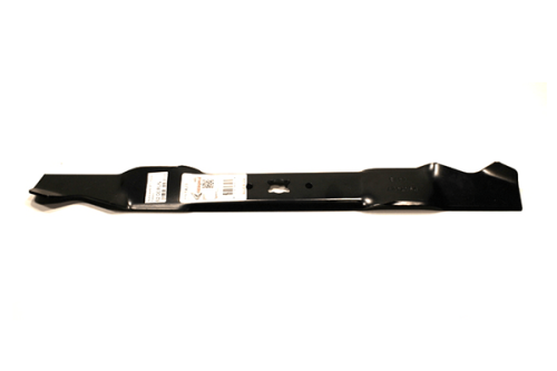 Nóż do kosiarki MTD o długości 53,3 cm, wykonany z czarnej, metalowej stali. Prezentowany w pozycji poziomej, ukazuje wyprofilowany kształt z dwoma ząbkowanymi krawędziami. Widoczne etykiety z informacjami technicznymi przy otworze mocującym.