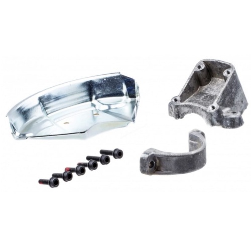 Osłona tarczy do trawy kosy 545FR Husqvarna w kolorze metalicznym, z normującymi brzegami, w zestawie z czterema śrubami mocującymi. Produkt leży na białym tle, widoczny z boku, z wyraźnymi detalami konstrukcyjnymi.