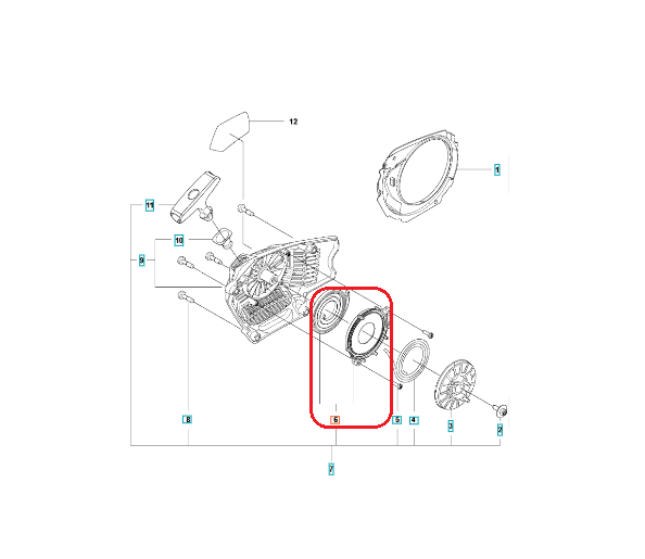 Sprężyna rozrusznika do pilarki Husqvarna 545/550XP Mark II/556, widoczna z przodu, w okrągłym kształcie. Wykonana z metalu, z wyraźnymi, czytelnymi detalami na powierzchni. Element umieszczony w kontekście silnika, na schemacie.
