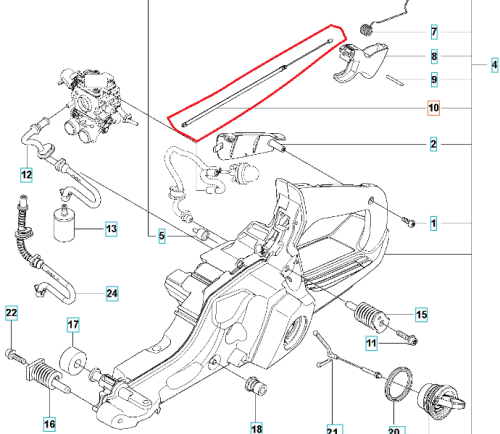 Linka gazu do pilarki Husqvarna 545/550XP/XPG, metalowa, srebrna, prostokątna, gładka, widok z góry, pozioma, z mocowaniami na końcach dostosowanymi do montażu w pilarkach.