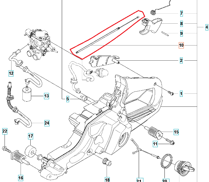 Linka gazu do pilarki Husqvarna 545/550XP/XPG, metalowa, srebrna, prostokątna, gładka, widok z góry, pozioma, z mocowaniami na końcach dostosowanymi do montażu w pilarkach.