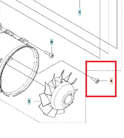 Śruba dmuchawy Husqvarna 120iB, metalowa, cylindryczna, z gwintem. Ujęcie z boku, częściowo ukazana w kontekście montażu. Tło techniczne z nazwami części. Widoczne oznaczenie numeru 4, jasno na końcówce śruby.