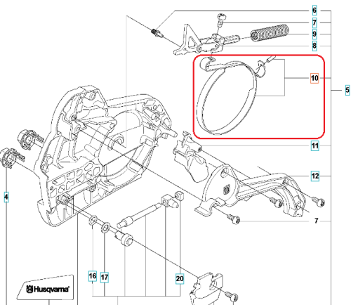 Taśma hamulca pilarki Husqvarna 545/550XP/560XP, okrągła metalowa z gładką powierzchnią, widoczna z boku, na schemacie montażu z numerem. Jasne tło ułatwia identyfikację detalu.