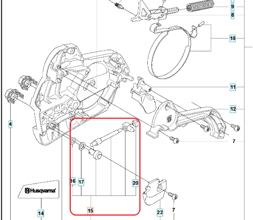 Napinacz łańcucha piły spalinowej Husqvarna 545/555/550XP, z widocznym oznaczeniem logo Husqvarna. Przedmiot przedstawiony na schemacie, ukazujący jego kształt oraz mocowania. Zestawienie kolorów metalowych komponentów oraz detali montażowych.
