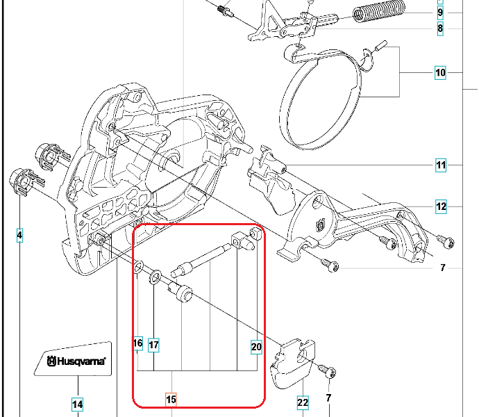 Napinacz łańcucha piły spalinowej Husqvarna 545/555/550XP, z widocznym oznaczeniem logo Husqvarna. Przedmiot przedstawiony na schemacie, ukazujący jego kształt oraz mocowania. Zestawienie kolorów metalowych komponentów oraz detali montażowych.