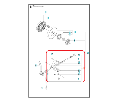 Ilustracja przedstawia schemat pompy olejowej do pilarki Husqvarna 555/560XP/XPG. Widoczny jest detal zawierający elementy konstrukcji z rurkami, mocowaniami oraz detalami technicznymi zaznaczonymi numerami. Całość na białym tle.