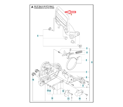 Czarna dźwignia hamulca pilarki Husqvarna 545 Mark II/550XP Mark II, z teksturowaną powierzchnią i logo, widoczna z przodu w pozycji stojącej, z przyciskami i mocowaniami do mechanizmu hamulcowego.