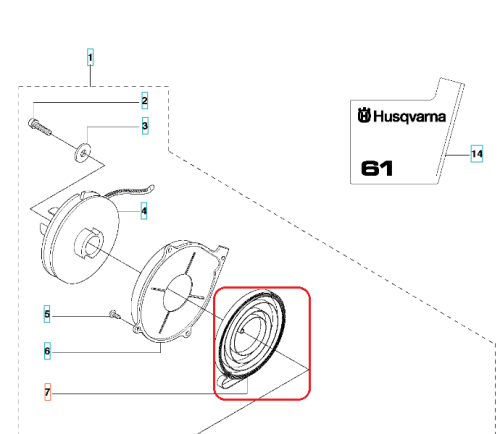 Sprężyna rozrusznika do pilarki Husqvarna 61/268/288 XP, metaliczna, okrągła z delikatnymi wgłębieniami, na białym tle z widocznym logo Husqvarna.