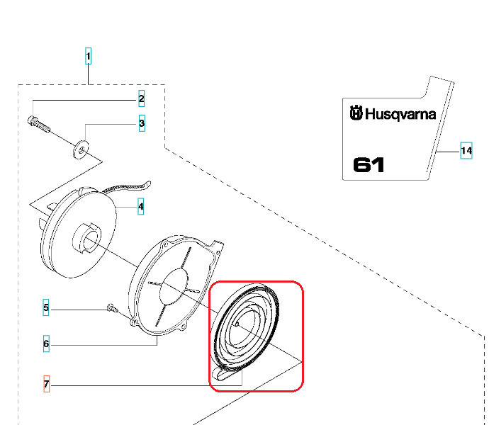 Sprężyna rozrusznika do pilarki Husqvarna 61/268/288 XP, metaliczna, okrągła z delikatnymi wgłębieniami, na białym tle z widocznym logo Husqvarna.