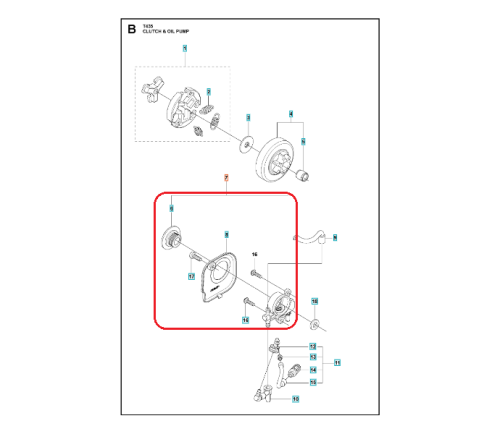 Schemat pompy oleju do pilarki Husqvarna T435/439, prezentujący detale konstrukcji. Części oznaczone numerami, w tym korpus pompy z otworami montażowymi oraz wałkiem, widoczne z przodu w orientacji poziomej na prostym tle.