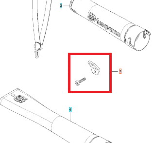 Przelotka dmuchawy 120iB Husqvarna w kolorze metalicznym, pokazana z boku obok śruby. Produkt ma zaokrąglony kształt oraz widoczne logo Husqvarna. Ułożony w pozycji leżącej na białym tle, podkreśla detale konstrukcji.