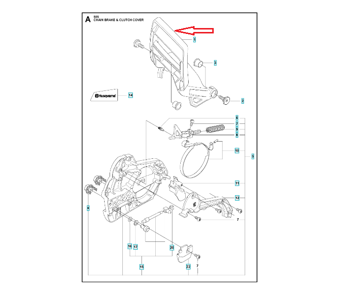 Dźwignia hamulca pilarki Husqvarna 555/560 XP/XPG na prostym tle, srebrna z ciemnymi akcentami, prostokątna, z logo Husqvarna i widocznym uchwytem oraz mocowaniami.