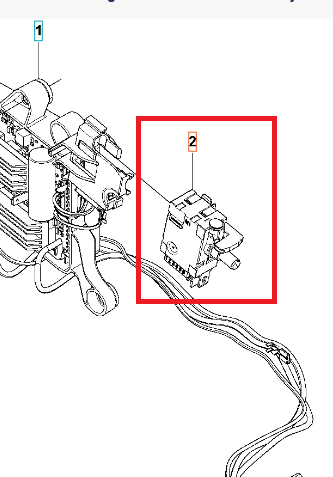 Włącznik pilarki T536LiXP/dmuchawy 320iB Husqvarna z czarną, prostokątną obudową, białymi detalami, widocznym przyciskiem, etykietą z numeracją i podłączonymi przewodami. Zbliżenie na detal.