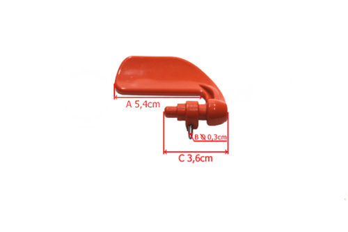 Dźwignia gazu do wykaszarki 343FXT w intensywnym czerwonym kolorze, z ergonomicznym kształtem. Ujęcie z boku, pokazujące zamontowany mechanizm oraz wymiary: A 5,4 cm, B 0,3 cm, C 3,6 cm. Gładka powierzchnia, bez dodatkowych napisów lub logo.