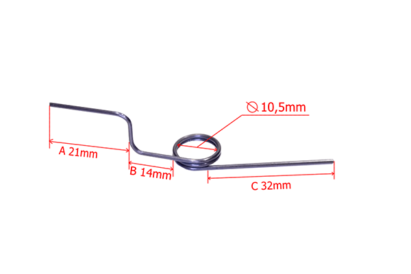 Sprężyna wykaszarki Partner B347B o długości 32 mm, grubości 10,5 mm, wykonana z metalowego materiału. W kształcie spiralnym, z jedną długą nóżką i drugą zgiętą. Widoczny szczegół pomiarów: A 21 mm, B 14 mm. Produkt na białym tle.