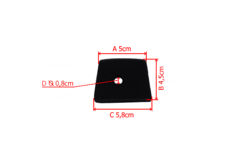 Filtr powietrza do kosy spalinowej Husqvarna 323R, czarny, kwadratowy kształt z centralnym otworem o średnicy 0,8 cm. Wymiary: 5 cm × 5,8 cm × 4,5 cm. Widok z góry, na jednolitym tle. Idealny do zapewnienia odpowiedniej filtracji powietrza.