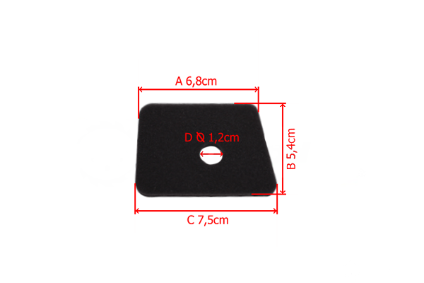 Czarny, prostokątny filtr powietrza gąbkowy do wykaszarki Husqvarna 525RX/525RXT, 6,8x7,5 cm, z wycięciem w środku. Zapewnia czyste powietrze, szczegóły i tekstura gąbki widoczne z góry.