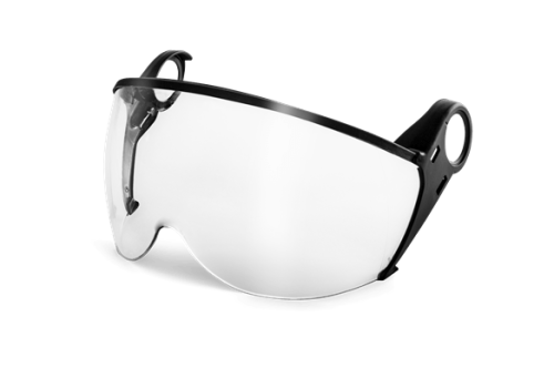 Przezroczyste okulary ochronne do kasku Husqvarna Spire-Vent, czarne matowe detale, duże soczewki, widok z boku, bez napisów, świetne do pracy.