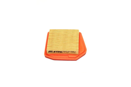 Filtr powietrza do wykaszarek Stihl FS120/200/250/300/350, prostokątny, z żółtą górą w żeberka i pomarańczowym dołem, z napisem STIHL i symbolem, na białym tle.