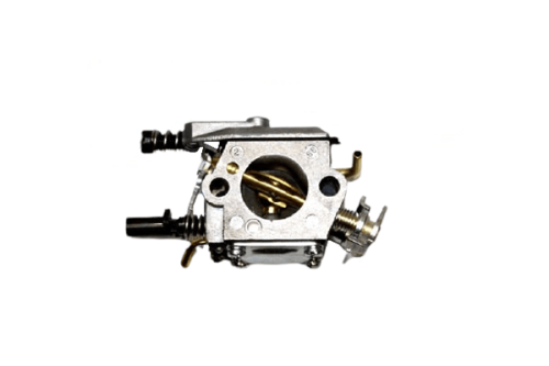 Gaźnik Husqvarna do kosy 232R/240R, metalowy, z widocznym otworem powietrznym, rurkami dolotowymi, z mechanizmem regulacji. Ujęcie frontalne, produkt leży na białym tle. Widać szczegóły, takie jak gwint i złącza mocujące.