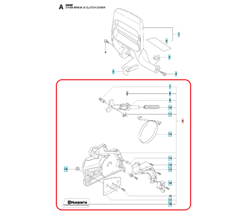 Zespół hamulca i pokrywa sprzęgła do pilarki Husqvarna 346 XP, czarne metalowe elementy, widoczne detale mocujące i tekst na pokrywie, na białym tle podkreślającym kontury produktu.