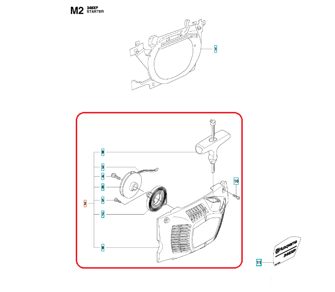 Rozrusznik kompletny pilarki Husqvarna 346 XP z metalową obudową, czarnym kołem startera i wbudowanym uchwytem. Produkt z widocznymi elementami mocującymi, w zbliżeniu na detale. Tło jasne, jednolite, bez dodatkowych przedmiotów.