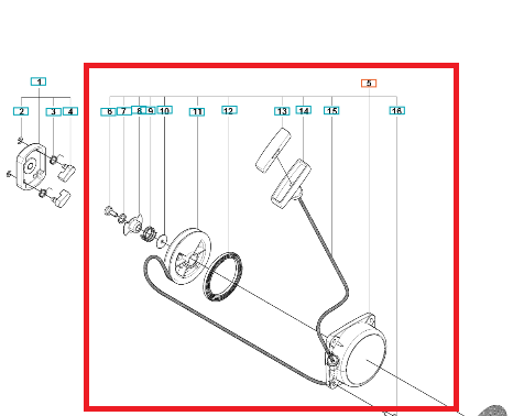 Diagram rozrusznika kompletny dmuchawy 170BT Husqvarna, przedstawiający elementy składające się na mechanizm, w tym śruby, uszczelki i uchwyty, na białym tle. Poszczególne części są opisane numerami, co ułatwia identyfikację i montaż.