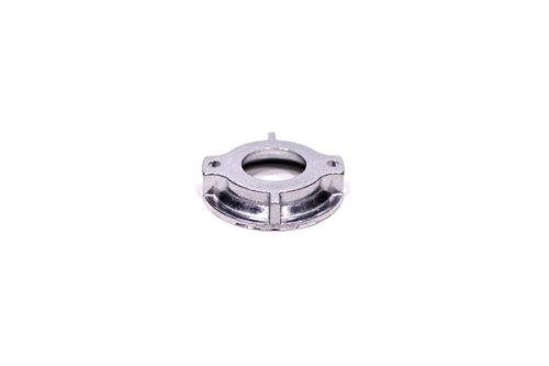 Srebrna metaliczna osłona łożyska głowicy żyłkowej Husqvarna T35X/T45X/T55X z otworem, mocowaniami i wyraźną strukturą na białym tle, ukazująca precyzyjne krawędzie.