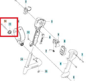 Śruba dmuchawy 560BTS Husqvarna, metalowa, o prostym kształcie z gwintem, kolor szary. Widać widoczny otwór na końcu. Produkt leży na schemacie złożenia, w opozycji do innych elementów narzędzia.