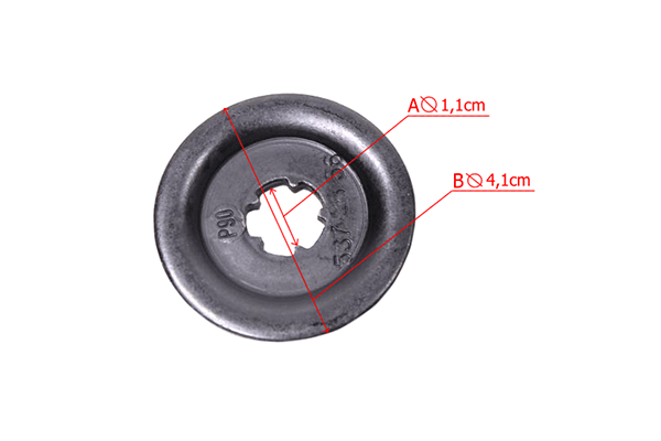 Tarcza pędna do wykaszarki Husqvarna 525RX/323R, metalowa, okrągła, o średnicy 4,1 cm. W centralnej części znajduje się otwór z pięcioma wcięciami. Wymiary A: 1,1 cm, B: 4,1 cm. Produkt leży na białym tle, ukazując szczegóły konstrukcji.
