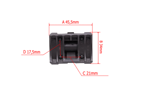Zaczep/pętla do wykaszarki Husqvarna 545RX w kolorze czarnym, przedstawiony z góry, leżący na białym tle. Wymiary: A 45,5 mm, B 34 mm, C 21 mm, D 17,5 mm. Widoczna charakterystyczna konstrukcja z wyraźnymi oznaczeniami wymiarów.