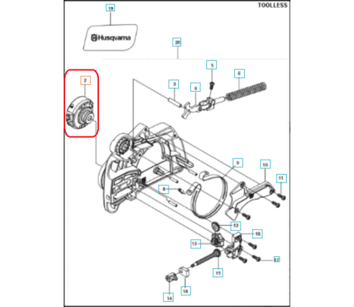 Srebrne, okrągłe pokrętło pokrywy sprzęgła do pilarek Husqvarna 236e/240e/120e Mark II, z widocznymi otworami montażowymi i nadrukiem, przedstawione z boku, zaprojektowane do łatwego montażu zgodnie ze schematem urządzenia.