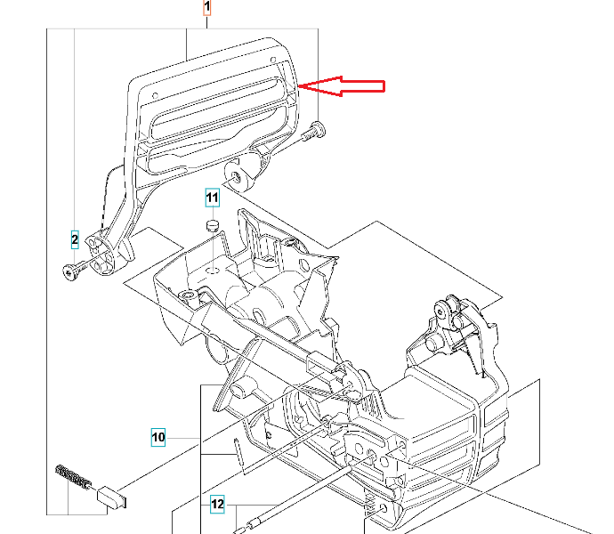 Szara dźwignia hamulca pilarki Husqvarna 130/135 Mark II z tworzywa, z otworami montażowymi i wypustkami, widok frontalny na białym tle.
