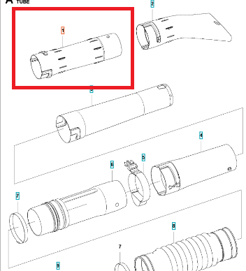 Rura dmuchawy Husqvarna 550iBTX/580BTS, cylindryczny kształt, gładka powierzchnia, widoczne otwory wentylacyjne. Produkt leżący, w zbliżeniu, na białym tle, bez dodatkowych elementów. Długość około 30 cm, średnica około 10 cm.