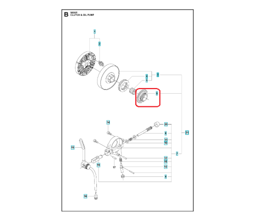 Ślimak pompy oleju do pił Husqvarna 560XP/XPG/555, mosiężny, z ząbkami i otworami montażowymi, na białym tle z schematem technicznym, w zbliżeniu.