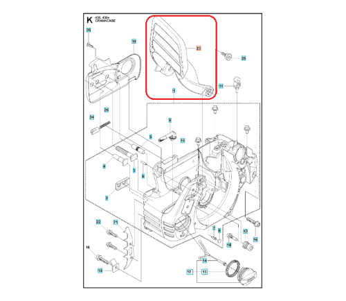 Czarna dźwignia hamulca do pilarek Husqvarna 435/435 II/440 II z wyprofilowaniem i uchwytami, widoczna z boku na białym tle, z numerami identyfikacyjnymi i detalami konstrukcyjnymi.